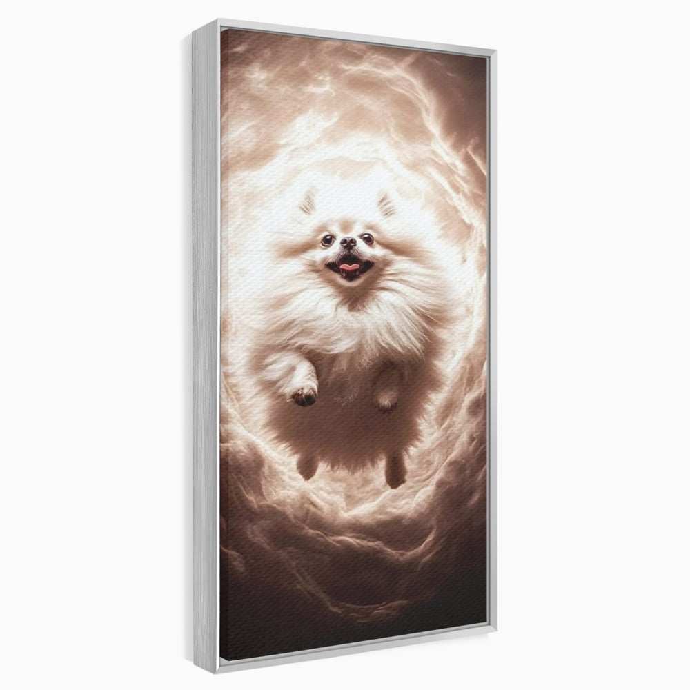 Tablou canvas cu tablou canvas cu caine pomeranian pufos, in rama de aluminiu argintiu